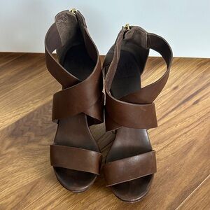 Diane Von Furstenberg Brown Leather Crisscross Wedge Sandals